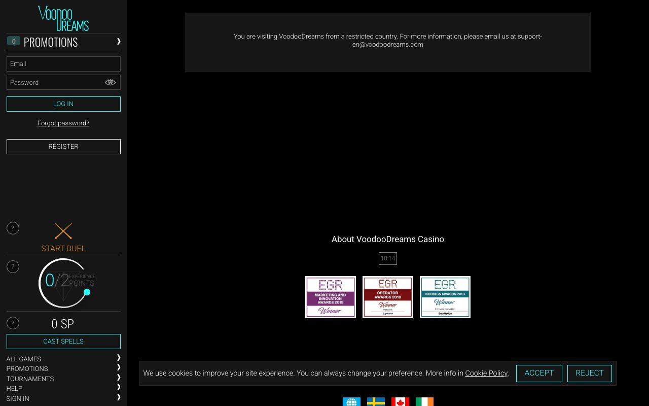 Interface bureau Voodoo Dreams — casino en ligne France