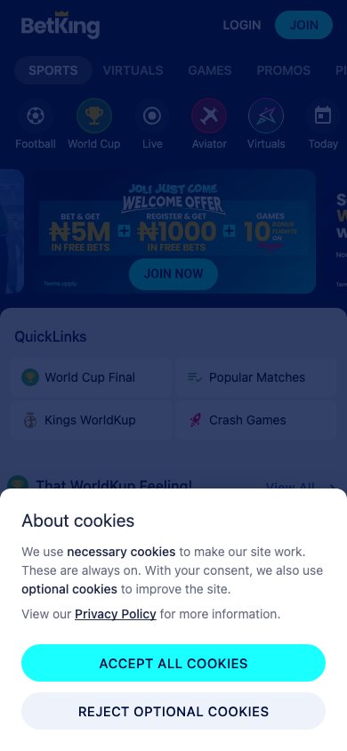 Interface mobile BetKing — application smartphone