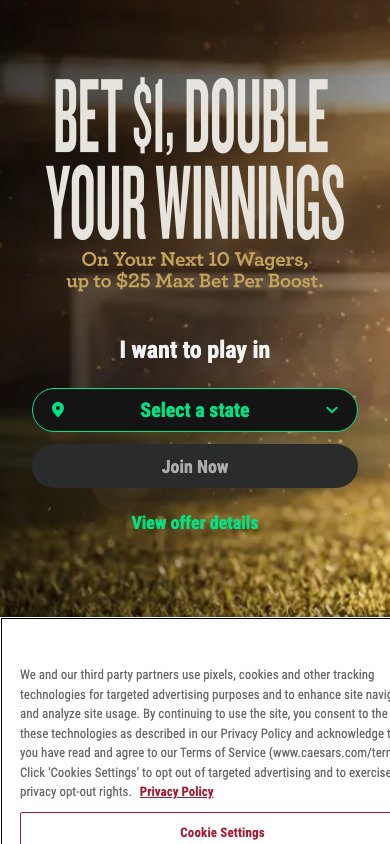 Interface mobile Caesars Sportsbook — version smartphone