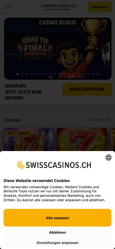 Interface mobile Swiss Casinos — version smartphone